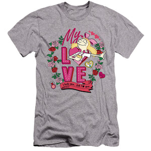 AN OFFCIALLY LICENSED HEY ARNOLD VALENTINE'S DAY HELGA, I HATE YOU, BUT LOVE YOU MEN'S PREMIUM SLIM FIT T-SHIRT ATHLETIC HEATHER