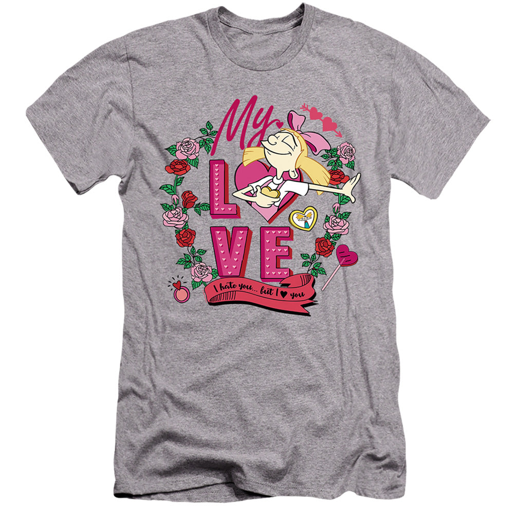 AN OFFCIALLY LICENSED HEY ARNOLD VALENTINE'S DAY HELGA, I HATE YOU, BUT LOVE YOU MEN'S PREMIUM SLIM FIT T-SHIRT ATHLETIC HEATHER