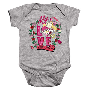 AN OFFCIALLY LICENSED HEY ARNOLD VALENTINE'S DAY HELGA, I HATE YOU, BUT LOVE YOU BABY BODYSUIT ATHLETIC HEATHER