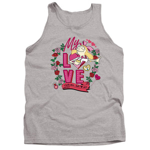 AN OFFCIALLY LICENSED HEY ARNOLD VALENTINE'S DAY HELGA, I HATE YOU, BUT LOVE YOU ADULT UNISEX TANK TOP ATHLETIC HEATHER