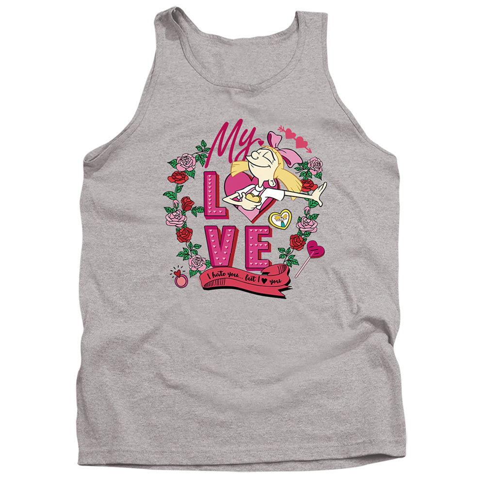 AN OFFCIALLY LICENSED HEY ARNOLD VALENTINE'S DAY HELGA, I HATE YOU, BUT LOVE YOU ADULT UNISEX TANK TOP ATHLETIC HEATHER