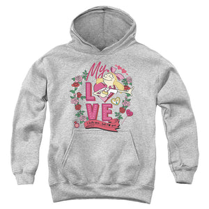 AN OFFCIALLY LICENSED HEY ARNOLD VALENTINE'S DAY HELGA, I HATE YOU, BUT LOVE YOU YOUTH HOODIE ATHLETIC HEATHER