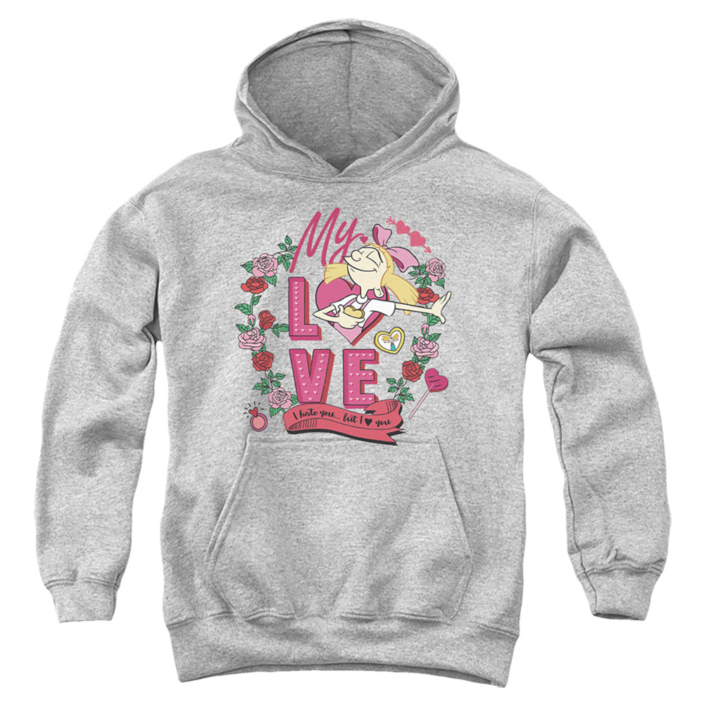 AN OFFCIALLY LICENSED HEY ARNOLD VALENTINE'S DAY HELGA, I HATE YOU, BUT LOVE YOU YOUTH HOODIE ATHLETIC HEATHER