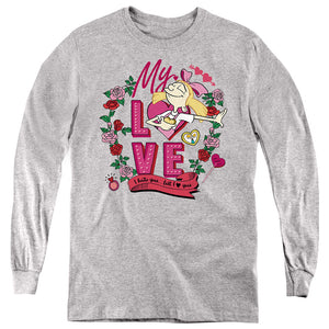 AN OFFCIALLY LICENSED HEY ARNOLD VALENTINE'S DAY HELGA, I HATE YOU, BUT LOVE YOU YOUTH LONG SLEEVE T-SHIRT ATHLETIC HEATHER