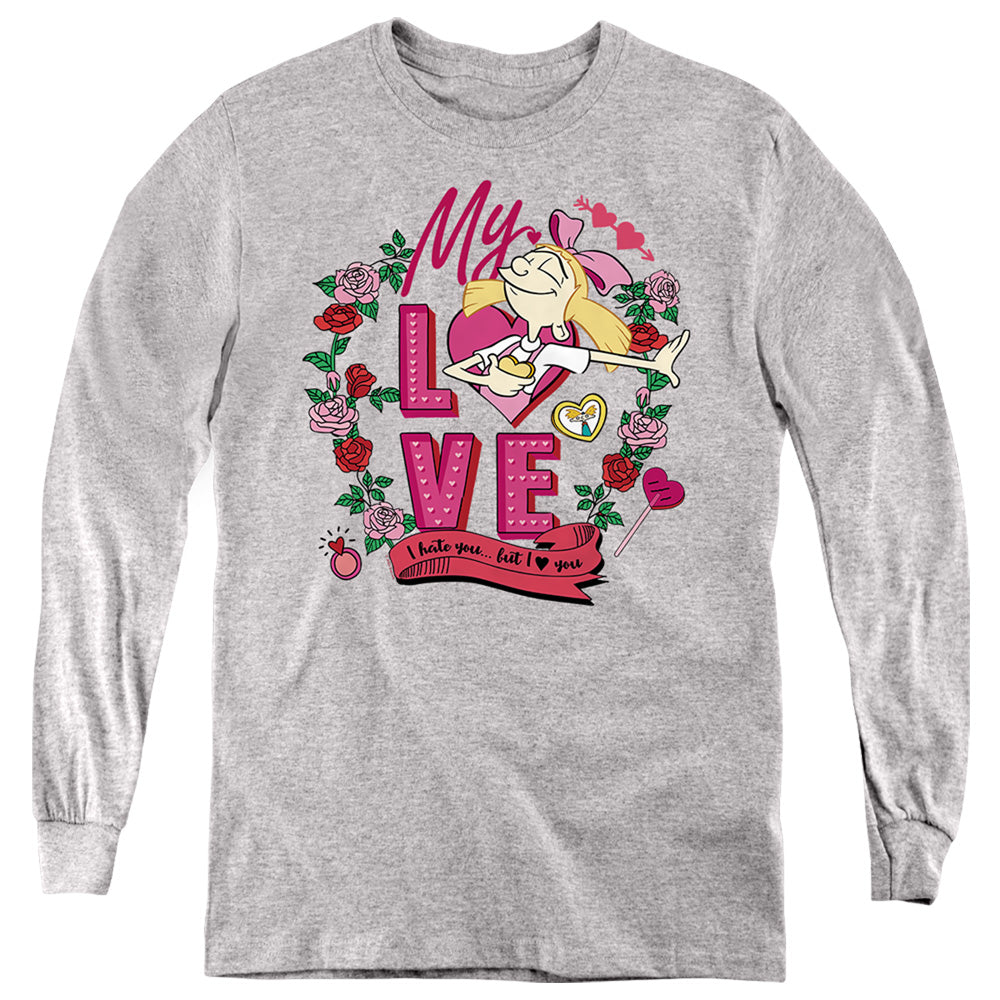 AN OFFCIALLY LICENSED HEY ARNOLD VALENTINE'S DAY HELGA, I HATE YOU, BUT LOVE YOU YOUTH LONG SLEEVE T-SHIRT ATHLETIC HEATHER