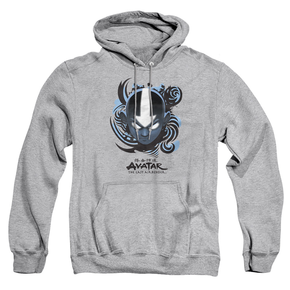 AN OFFCIALLY LICENSED AVATAR THE LAST AIRBENDER AIRBENDER BLUE AND BLACK KANJI ADULT UNISEX PULLOVER HOODIE ATHLETIC HEATHER