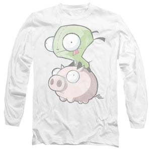 AN OFFCIALLY LICENSED INVADER ZIM GIR AND PIG MEN'S LONG SLEEVE T-SHIRT WHITE