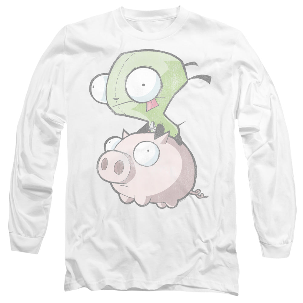 AN OFFCIALLY LICENSED INVADER ZIM GIR AND PIG MEN'S LONG SLEEVE T-SHIRT WHITE