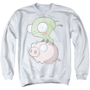 AN OFFCIALLY LICENSED INVADER ZIM GIR AND PIG ADULT UNISEX CREWNECK SWEATSHIRT WHITE