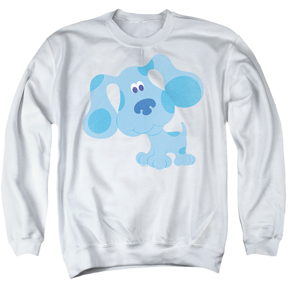 AN OFFCIALLY LICENSED BLUE'S CLUES CLASSIC HAPPY BLUE'S CLUES ADULT UNISEX CREWNECK SWEATSHIRT WHITE