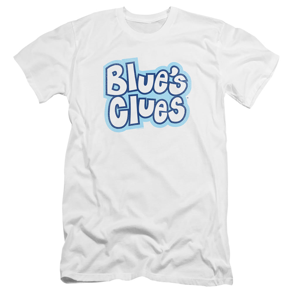 AN OFFCIALLY LICENSED BLUES CLUES BLUE'S CLUES VINTAGE LOGO MEN'S PREMIUM SLIM FIT T-SHIRT WHITE