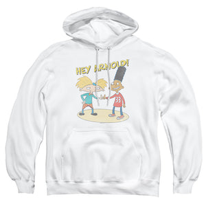 AN OFFCIALLY LICENSED HEY ARNOLD AND GERALD WITH LOGO ADULT UNISEX PULLOVER HOODIE WHITE
