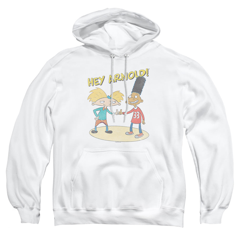AN OFFCIALLY LICENSED HEY ARNOLD AND GERALD WITH LOGO ADULT UNISEX PULLOVER HOODIE WHITE