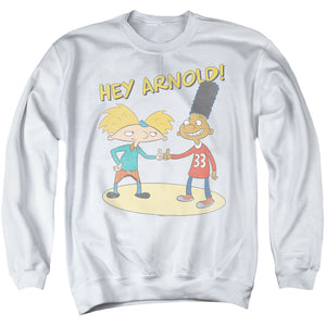 AN OFFCIALLY LICENSED HEY ARNOLD AND GERALD WITH LOGO ADULT UNISEX CREWNECK SWEATSHIRT WHITE
