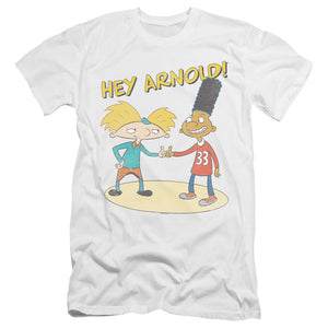 AN OFFCIALLY LICENSED HEY ARNOLD AND GERALD WITH LOGO MEN'S PREMIUM SLIM FIT T-SHIRT WHITE