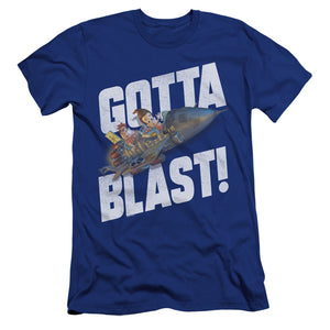 AN OFFCIALLY LICENSED JIMMY NEUTRON JIMMY NEUTRON GOTTA BLAST MEN'S PREMIUM SLIM FIT T-SHIRT ROYAL