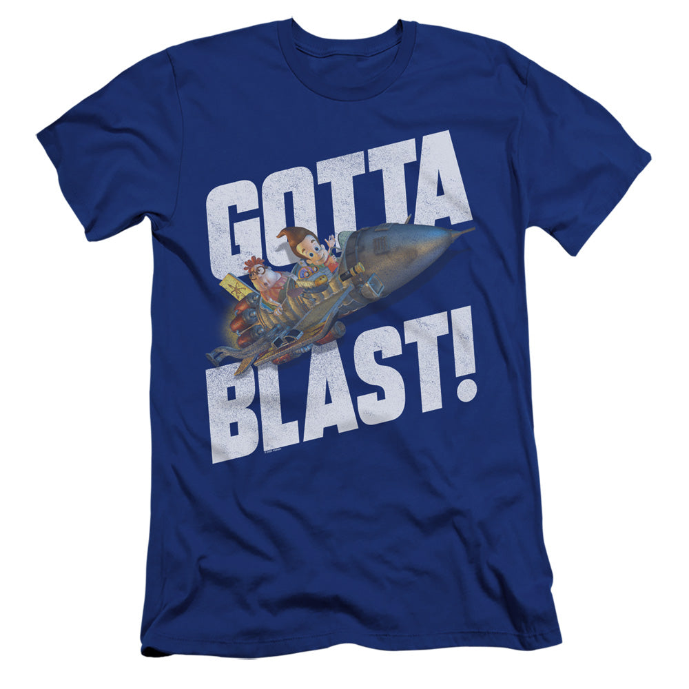 AN OFFCIALLY LICENSED JIMMY NEUTRON JIMMY NEUTRON GOTTA BLAST MEN'S PREMIUM SLIM FIT T-SHIRT ROYAL