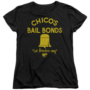 AN OFFCIALLY LICENSED BAD NEWS BEARS CHICOS BAIL BONDS WOMEN'S REGULAR FIT T-SHIRT BLACK