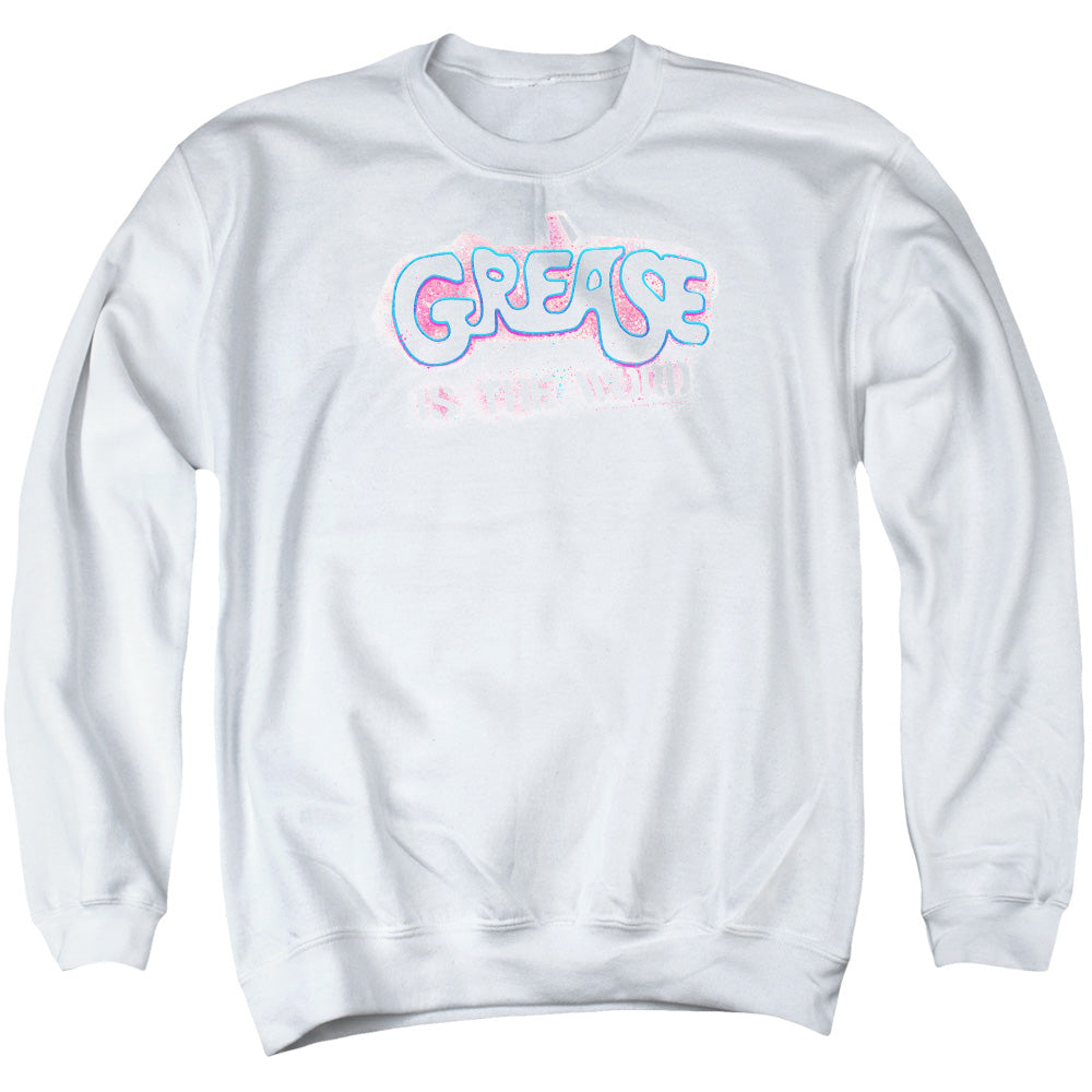 AN OFFCIALLY LICENSED GREASE GREASE IS THE WORD ADULT UNISEX CREWNECK SWEATSHIRT WHITE