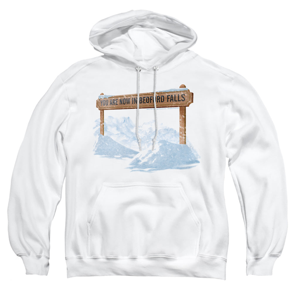 AN OFFCIALLY LICENSED ITS A WONDERFUL LIFE BEDFORD FALLS ADULT UNISEX PULLOVER HOODIE WHITE