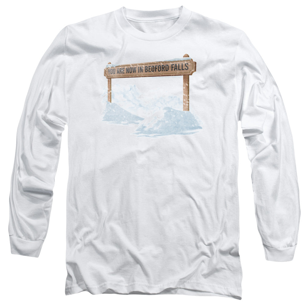 AN OFFCIALLY LICENSED ITS A WONDERFUL LIFE BEDFORD FALLS MEN'S LONG SLEEVE T-SHIRT WHITE