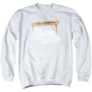 AN OFFCIALLY LICENSED ITS A WONDERFUL LIFE BEDFORD FALLS ADULT UNISEX CREWNECK SWEATSHIRT WHITE