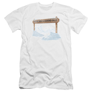 AN OFFCIALLY LICENSED ITS A WONDERFUL LIFE BEDFORD FALLS MEN'S PREMIUM SLIM FIT T-SHIRT WHITE