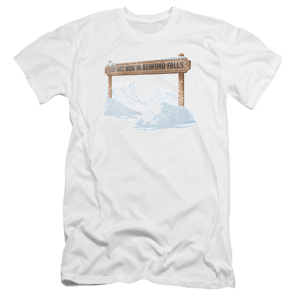 AN OFFCIALLY LICENSED ITS A WONDERFUL LIFE BEDFORD FALLS MEN'S PREMIUM SLIM FIT T-SHIRT WHITE