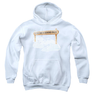 AN OFFCIALLY LICENSED ITS A WONDERFUL LIFE BEDFORD FALLS YOUTH HOODIE WHITE