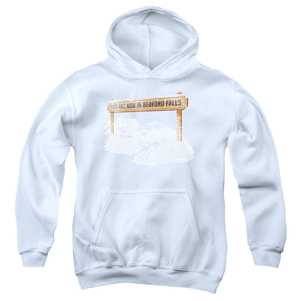 AN OFFCIALLY LICENSED ITS A WONDERFUL LIFE BEDFORD FALLS YOUTH HOODIE WHITE