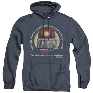 AN OFFCIALLY LICENSED BEVERLY HILLS COP NICEST POLICE CAR ADULT UNISEX HEATHER PULLOVER HOODIE NAVY