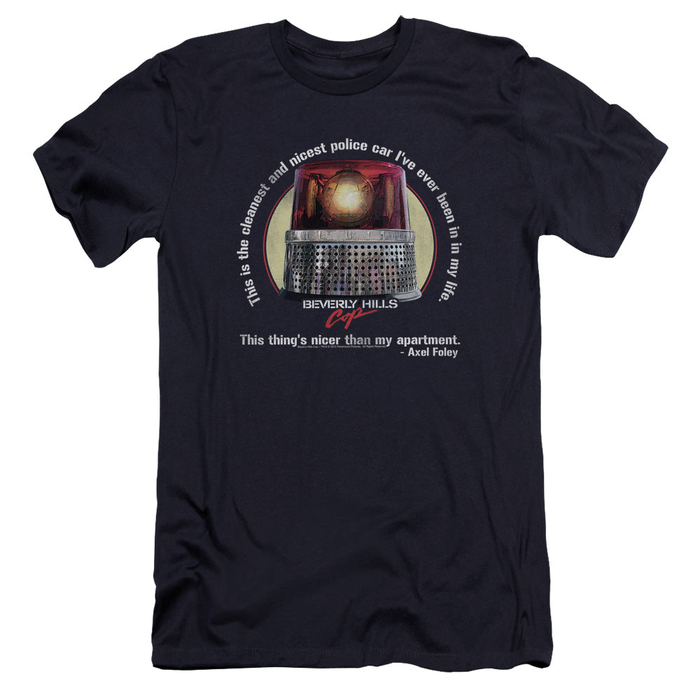 AN OFFCIALLY LICENSED BEVERLY HILLS COP NICEST POLICE CAR MEN'S PREMIUM SLIM FIT T-SHIRT NAVY