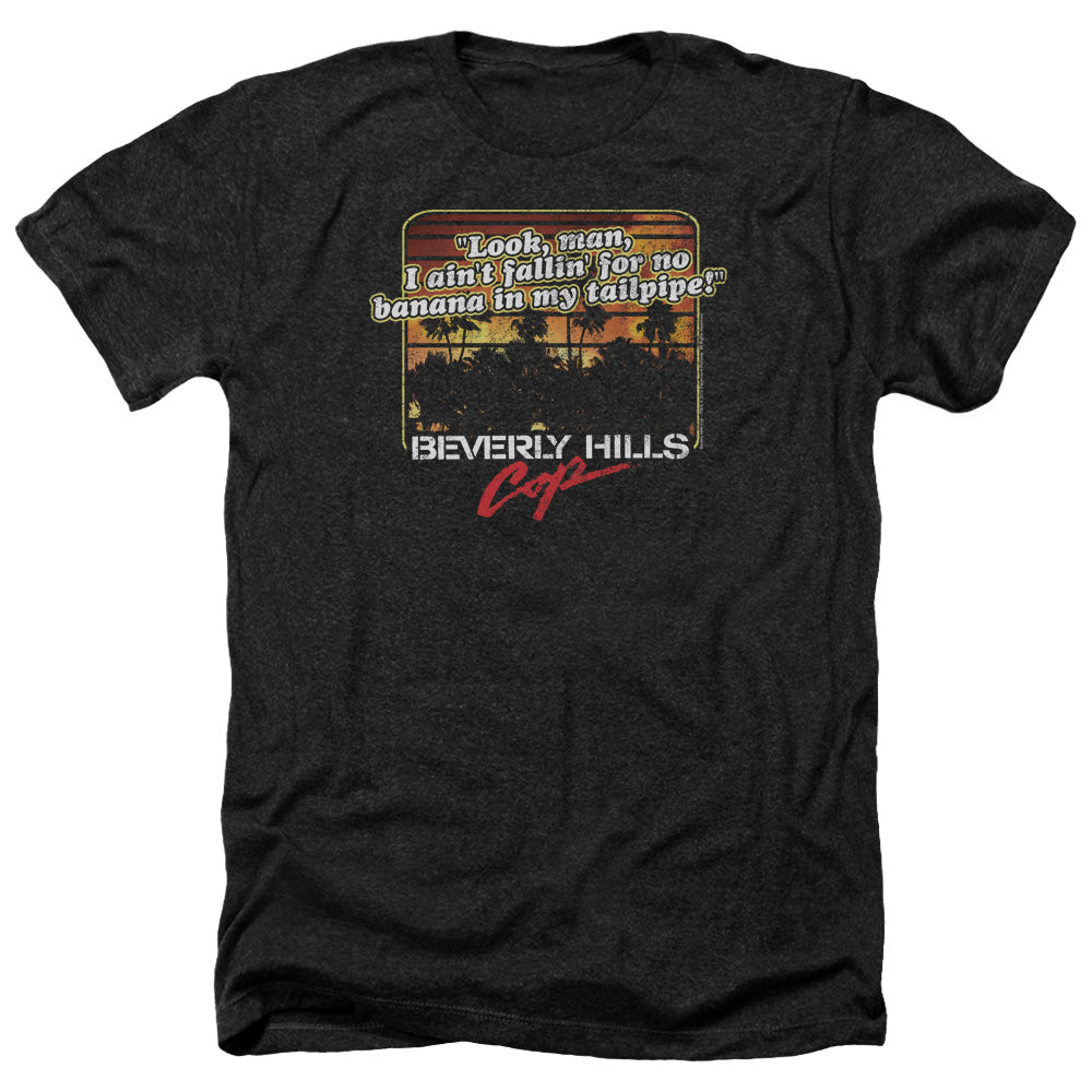 AN OFFCIALLY LICENSED BEVERLY HILLS COP BANANA IN MY TAILPIPE MEN'S HEATHER T-SHIRT CHARCOAL