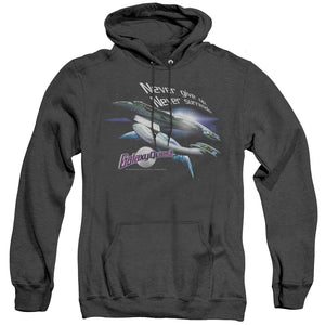 AN OFFCIALLY LICENSED GALAXY QUEST NEVER SURRENDER ADULT UNISEX HEATHER PULLOVER HOODIE BLACK
