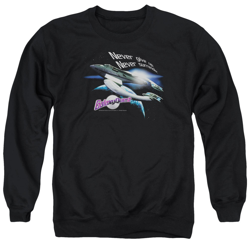 AN OFFCIALLY LICENSED GALAXY QUEST NEVER SURRENDER ADULT UNISEX CREWNECK SWEATSHIRT BLACK