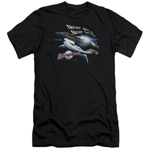 AN OFFCIALLY LICENSED GALAXY QUEST NEVER SURRENDER MEN'S PREMIUM SLIM FIT T-SHIRT BLACK