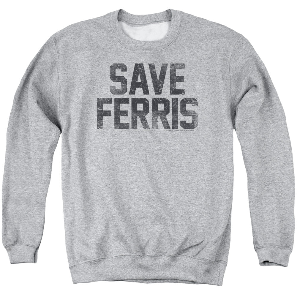 AN OFFCIALLY LICENSED FERRIS BUELLER SAVE FERRIS ADULT UNISEX CREWNECK SWEATSHIRT ATHLETIC HEATHER