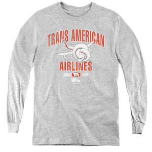 AN OFFCIALLY LICENSED AIRPLANE TRANS AMERICAN YOUTH LONG SLEEVE T-SHIRT ATHLETIC HEATHER