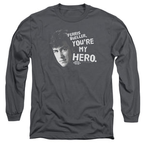 AN OFFCIALLY LICENSED FERRIS BUELLER MY HERO MEN'S LONG SLEEVE T-SHIRT CHARCOAL