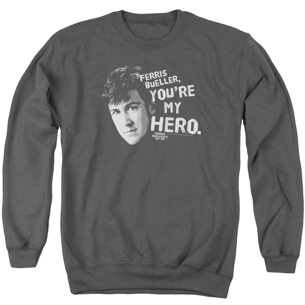 AN OFFCIALLY LICENSED FERRIS BUELLER MY HERO ADULT UNISEX CREWNECK SWEATSHIRT CHARCOAL