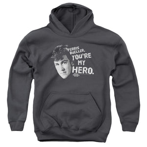 AN OFFCIALLY LICENSED FERRIS BUELLER MY HERO YOUTH HOODIE CHARCOAL