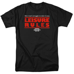 AN OFFCIALLY LICENSED FERRIS BUELLER LEISURE RULES MEN'S REGULAR FIT T-SHIRT BLACK