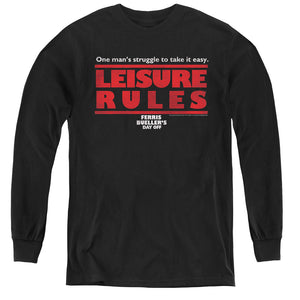AN OFFCIALLY LICENSED FERRIS BUELLER LEISURE RULES YOUTH LONG SLEEVE T-SHIRT BLACK