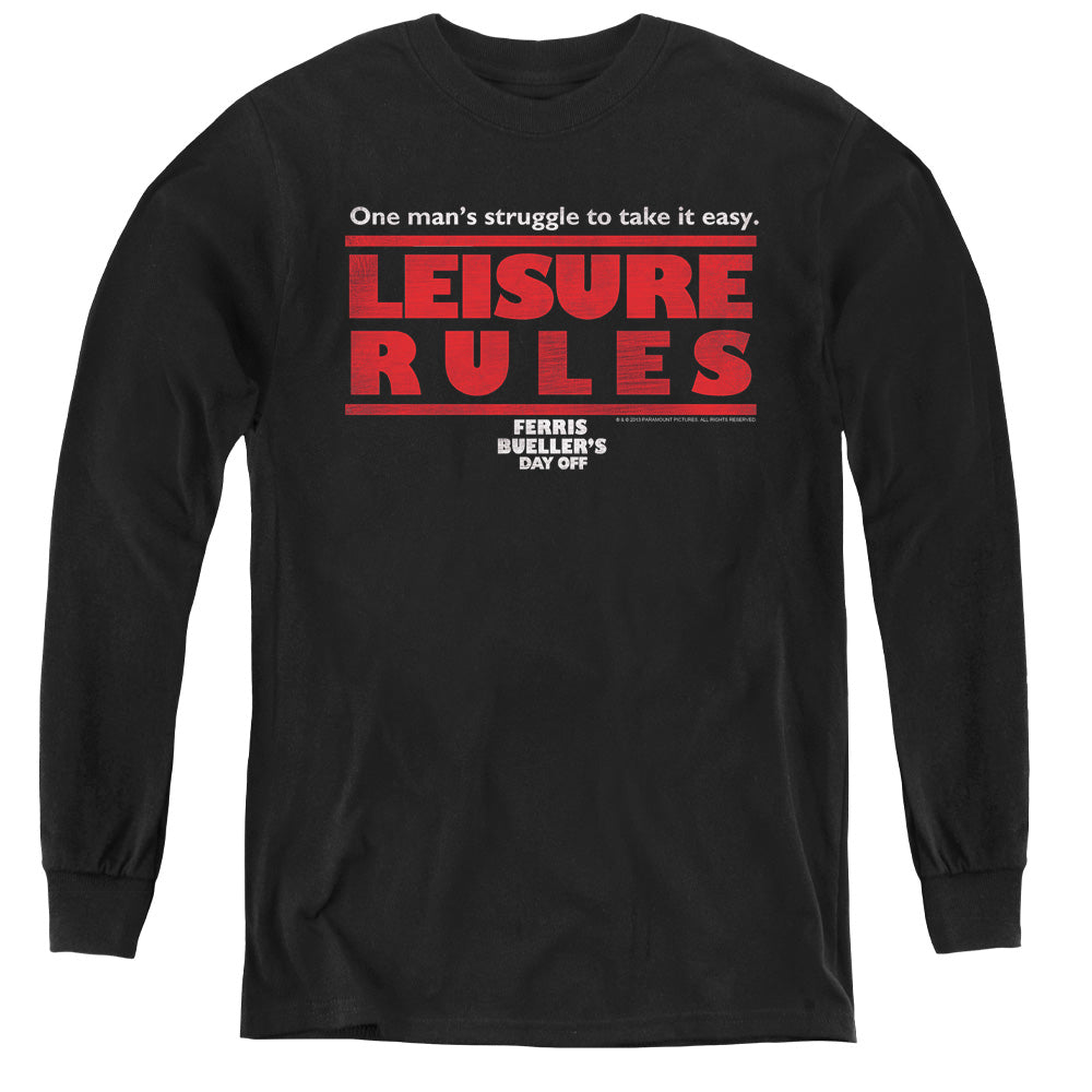 AN OFFCIALLY LICENSED FERRIS BUELLER LEISURE RULES YOUTH LONG SLEEVE T-SHIRT BLACK