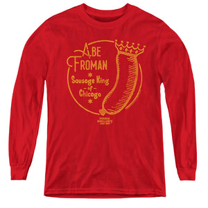 AN OFFCIALLY LICENSED FERRIS BUELLER ABE FROMAN YOUTH LONG SLEEVE T-SHIRT RED