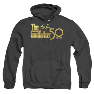 AN OFFCIALLY LICENSED GODFATHER GODFATHER 50TH LOGO ADULT UNISEX HEATHER PULLOVER HOODIE BLACK