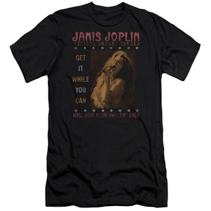 AN OFFCIALLY LICENSED JANIS JOPLIN ONE NIGHT ONLY MEN'S PREMIUM SLIM FIT T-SHIRT BLACK