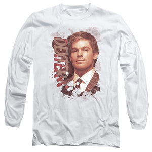AN OFFCIALLY LICENSED DEXTER SPLATTER MEN'S LONG SLEEVE T-SHIRT WHITE