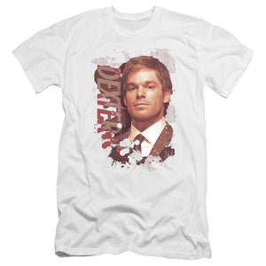 AN OFFCIALLY LICENSED DEXTER SPLATTER MEN'S PREMIUM SLIM FIT T-SHIRT WHITE