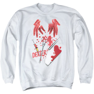 AN OFFCIALLY LICENSED DEXTER TOOLS OF THE TRADE ADULT UNISEX CREWNECK SWEATSHIRT WHITE